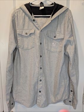 Dye Precision Hooded Button Up Shirt XL Gray Flannel Style Cotton Casual